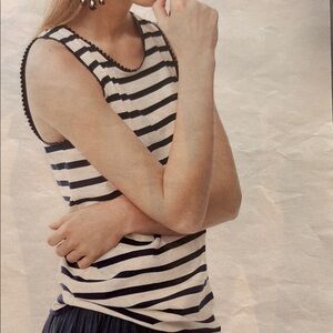 J.Crew Faux Leather Scalloped Trim Tank Top In Stripe-NWT- Navy- Size MEDIUM